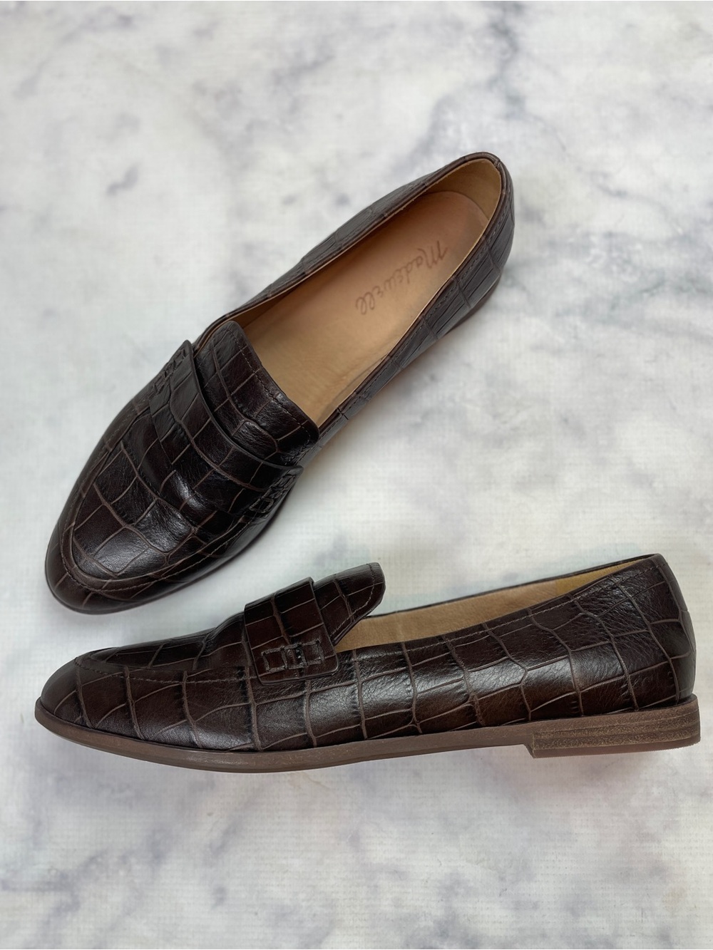 Madewell Alex Croc Embossed Leather Loafers Dark Coffee Brown Flats Sz 9